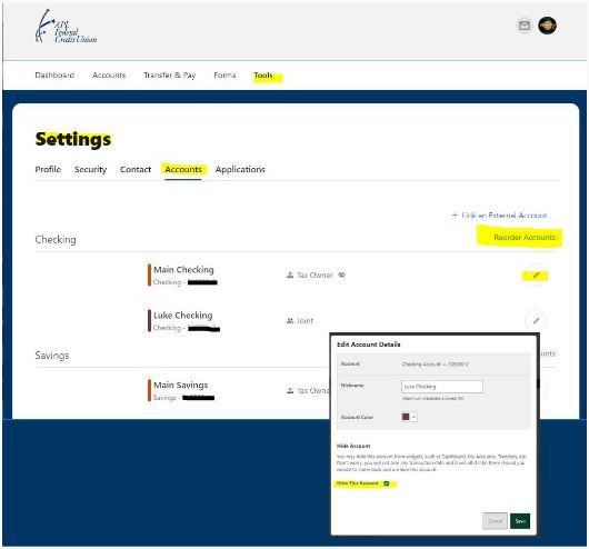 Screenshot of the Settings within APL FCU's online banking