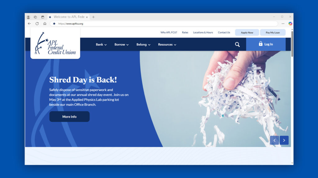 screenshot of the new APL FCU website in a browser
