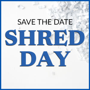 Save the Date Shred Day. Shredded papers in the background