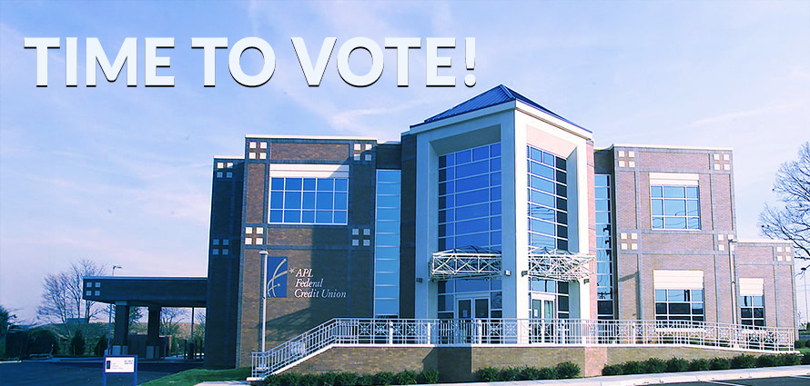 aplfcu main office building with Time to Vote text